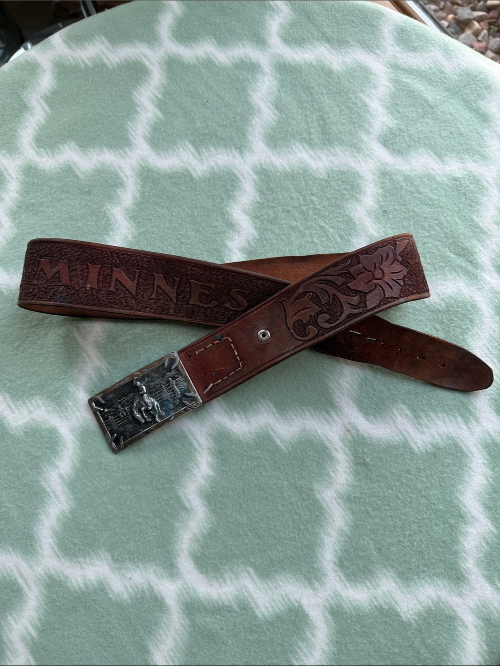 Vintage Tooled Leather Silver Tone Buckle Brown Men’s Belt about 39” long